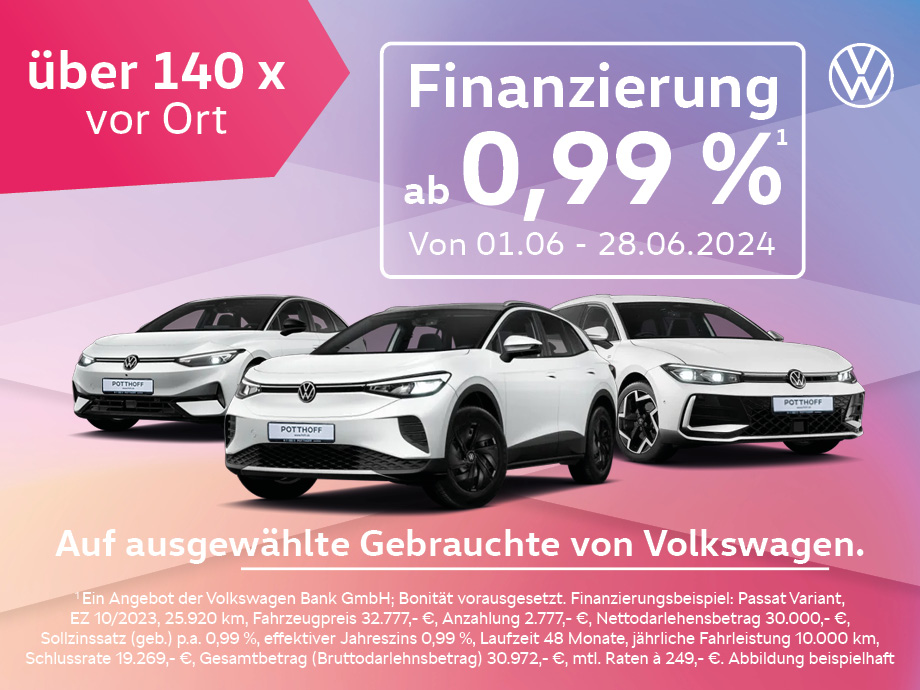 Attraktive Finanzierung ab 0,99 %¹ auf über 140 Gebrauchtwagen! Ihren Volkswagen finden Sie nur bei POTTHOFF!