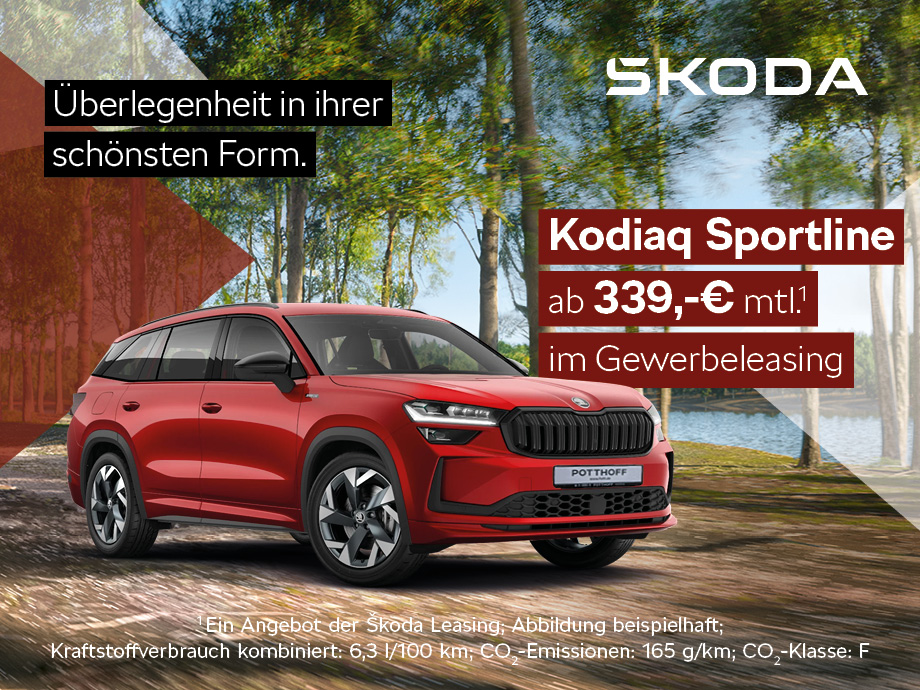 Ihr sportlicher SUV steht bei POTTHOFF für Sie bereit. Der Škoda Kodiaq Sportline im Gewerbeleasing ab mtl. 339,- €¹.