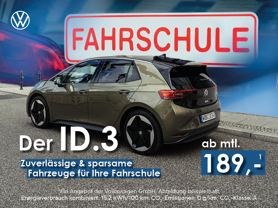 Nachhaltige Ausbildung beginnt hier: VW ID.3 Pure für Fahrschulen ab 189,- € mtl.¹ leasen.