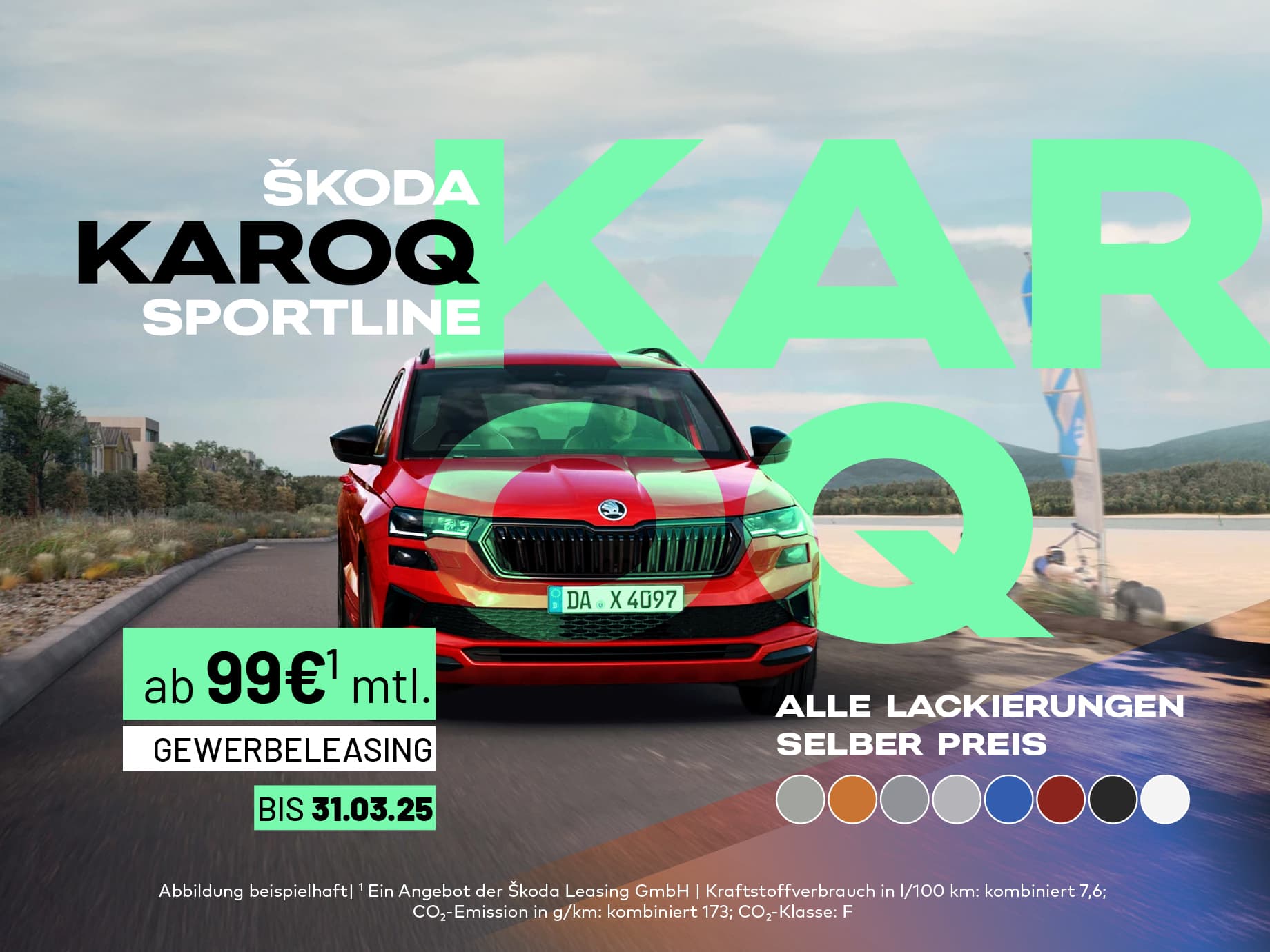 Überzeugt mit seinem robustem Erscheinungsbild – Der Škoda Karoq Sportline 4 x 4 ab mtl. 99,- €¹ im Gewerbeleasing!